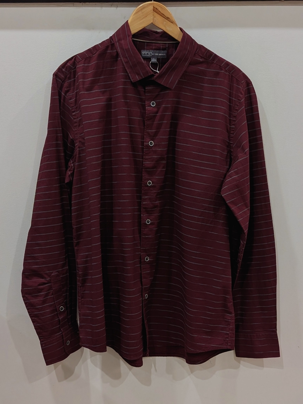 IKE BEHAR | Men's Deep Red/Grey Striped Button Down Long Sleeved Collared Shirt